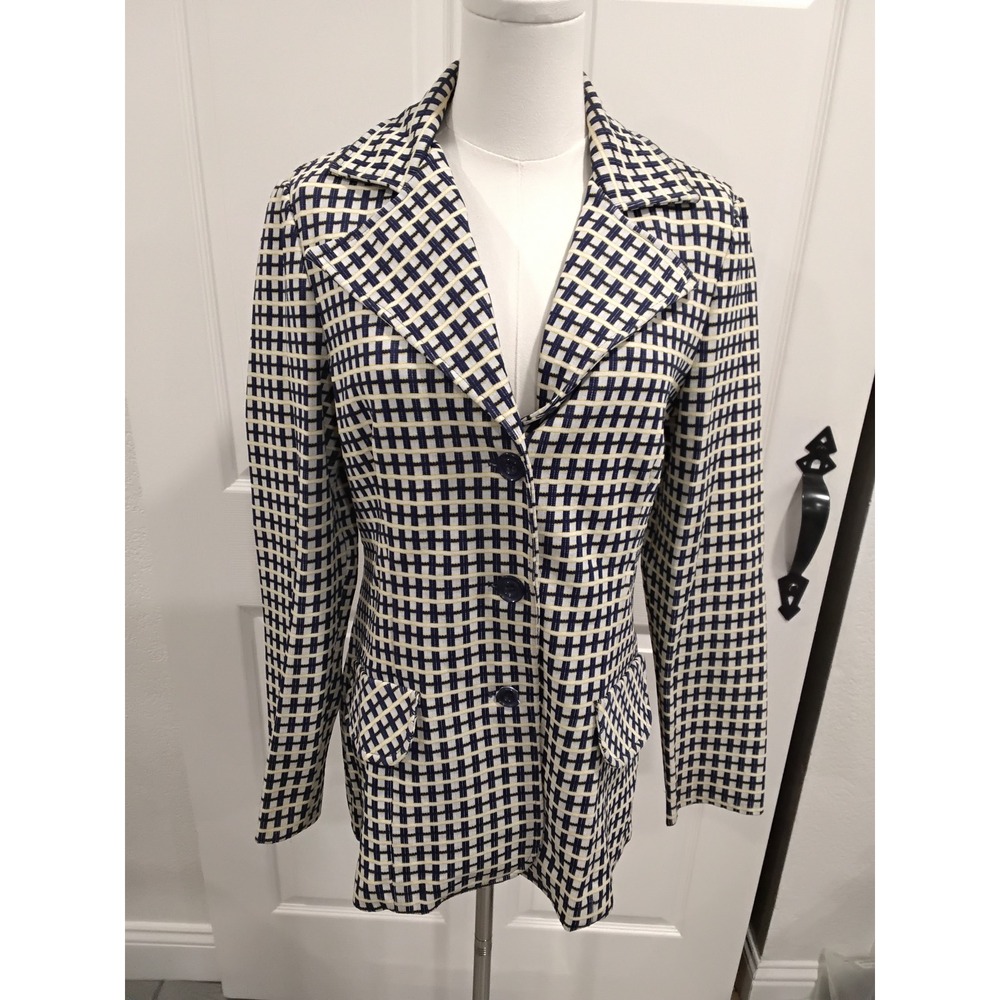 Vintage Montgomery Ward Textured Knit Blazer Jacket Blue Yellow Geo Retro-S